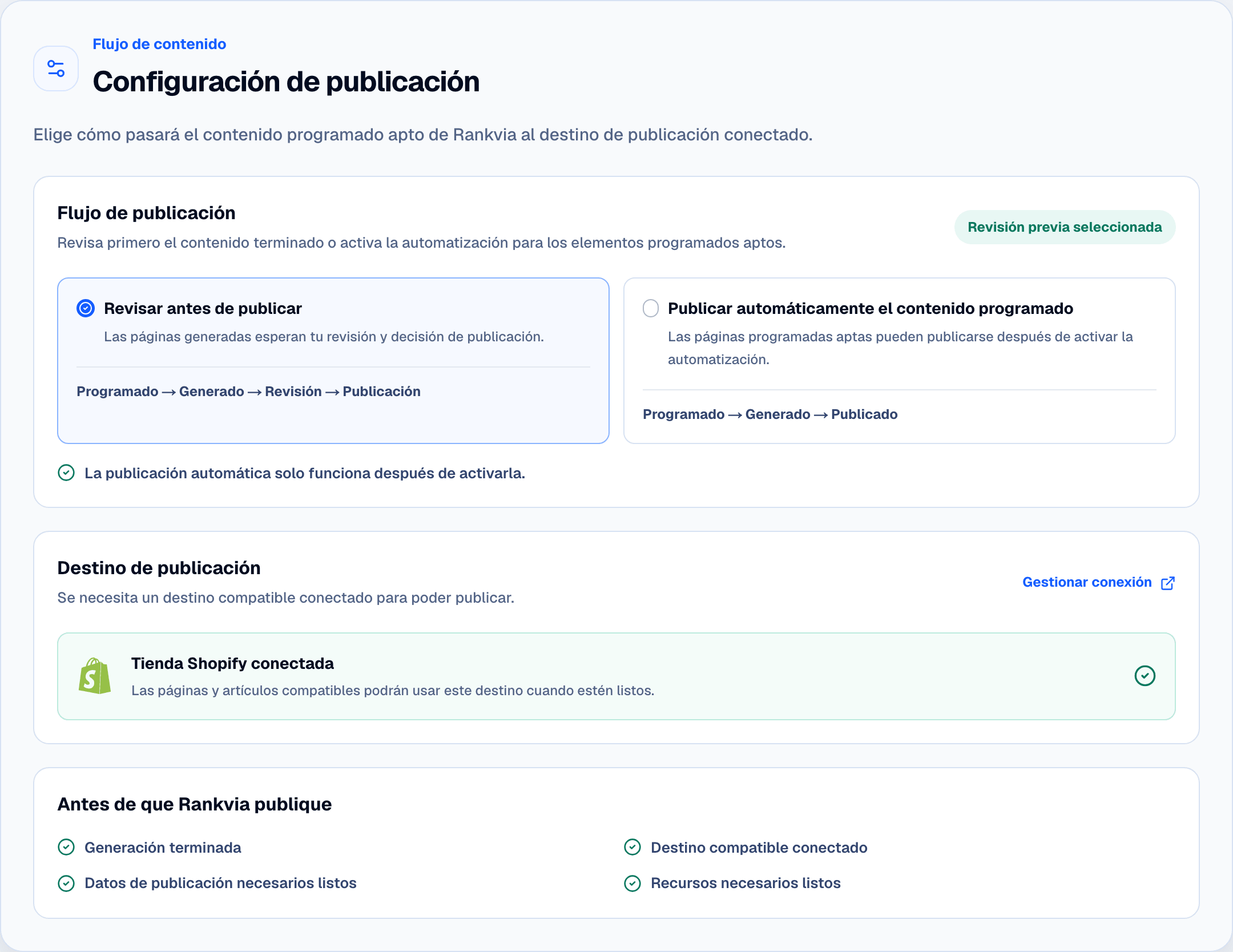 Configuración de Rankvia con revisión previa y publicación automática, y una tienda Shopify conectada.
