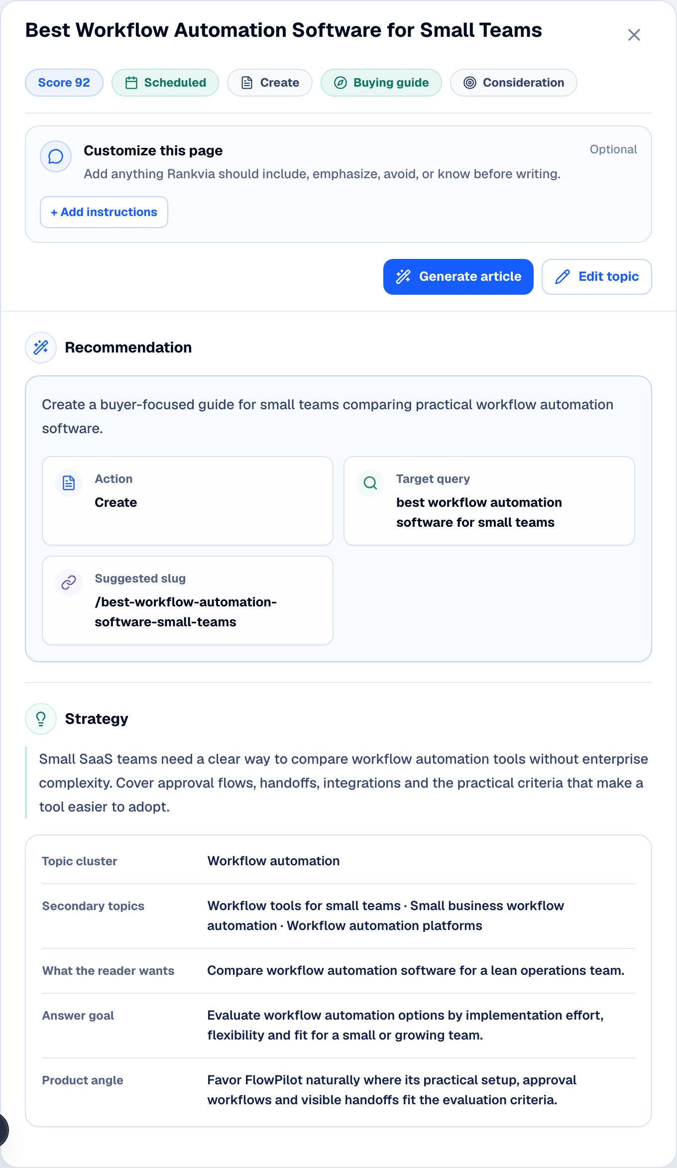 Rankvia Page Plan for FlowPilot's Best Workflow Automation Software for Small Teams buying guide.