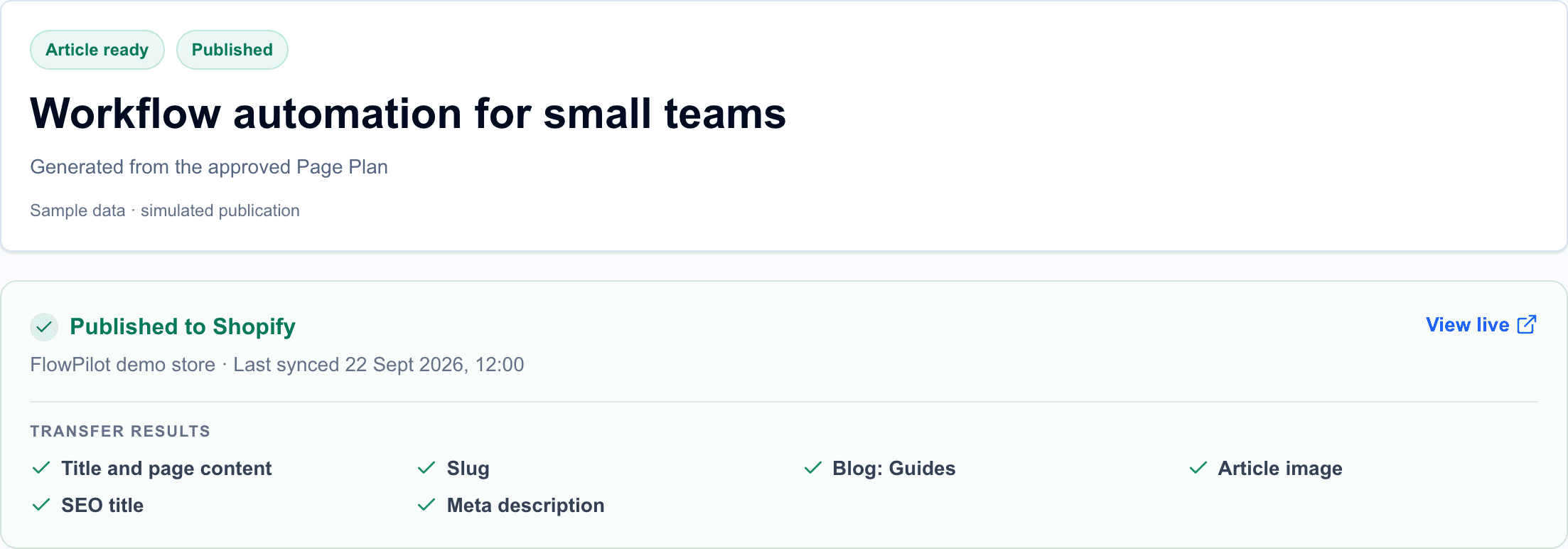 Rankvia confirmation for publishing reviewed content to Shopify.